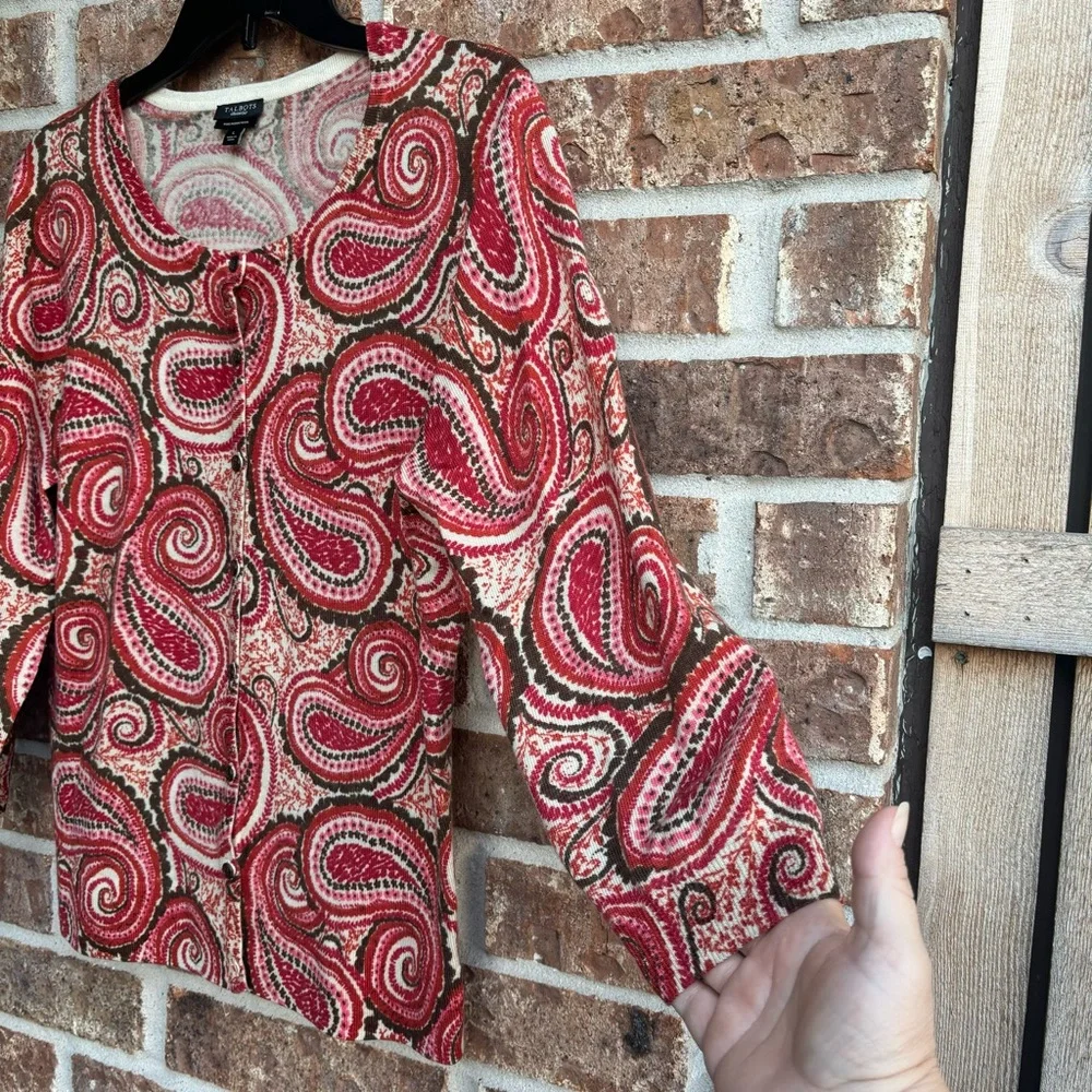 Talbots Pure Merino Wool Cardigan 3/4 Sleeve Burnt Orange Paisley